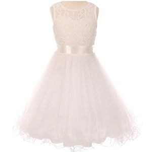 Girls Soft Lace Embroidered Wedding Holiday Party Flowers Girls Dresses Ivory